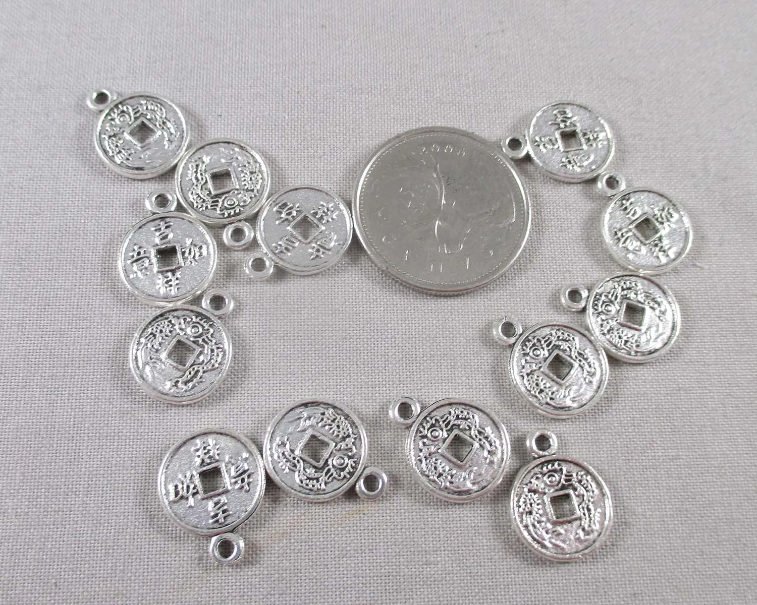 50% OFF!! Chinese Coin Charms Silver Tone 14pcs (1132)