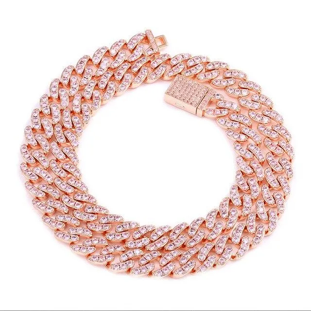 8mm Iced Out Bling CZ Miami Cuban Link Chain Charm Choker Necklace Pink Blue Trendy Fashion Necklace