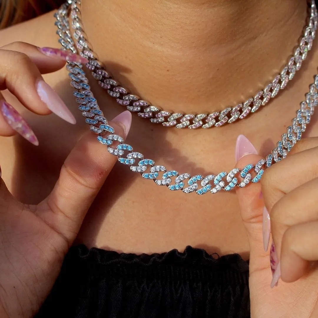 8mm Iced Out Bling CZ Miami Cuban Link Chain Charm Choker Necklace Pink Blue Trendy Fashion Necklace