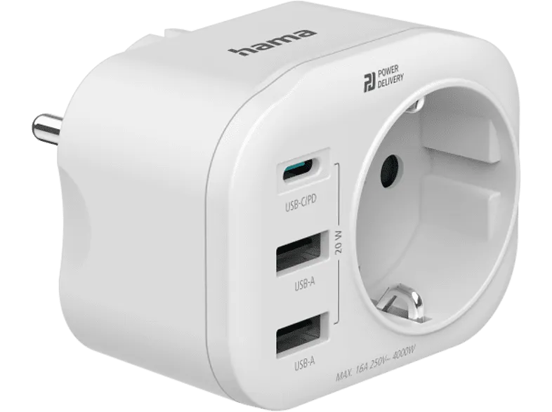 Adaptador de corriente - Hama 00223342, 4 entradas, 1 USB - C, 2 USB -A, 1 Contacto conexión a tierra, 20 W, Blanco