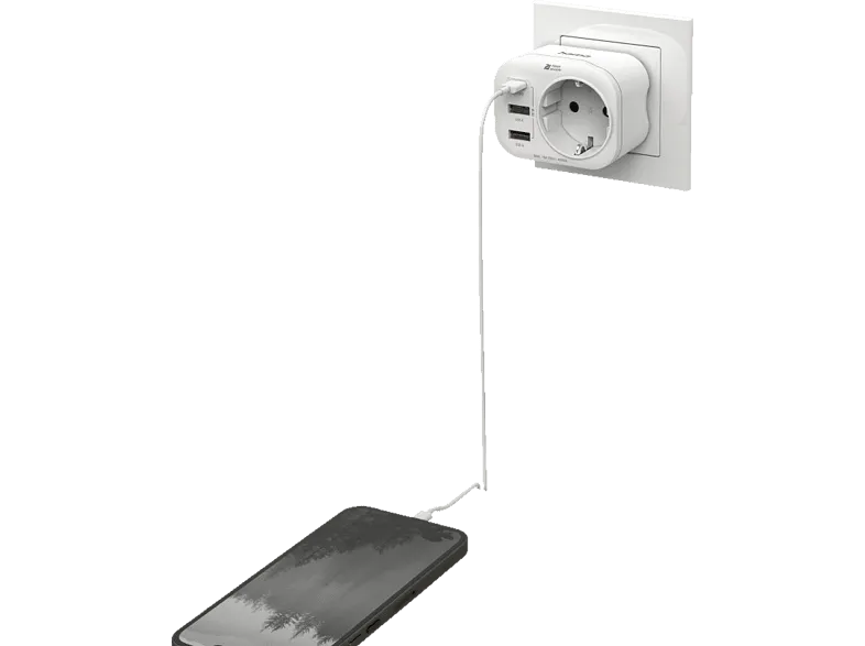 Adaptador de corriente - Hama 00223342, 4 entradas, 1 USB - C, 2 USB -A, 1 Contacto conexión a tierra, 20 W, Blanco