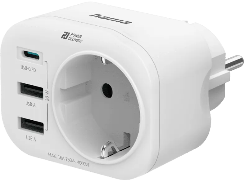 Adaptador de corriente - Hama 00223342, 4 entradas, 1 USB - C, 2 USB -A, 1 Contacto conexión a tierra, 20 W, Blanco