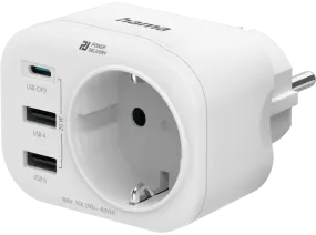 Adaptador de corriente - Hama 00223342, 4 entradas, 1 USB - C, 2 USB -A, 1 Contacto conexión a tierra, 20 W, Blanco