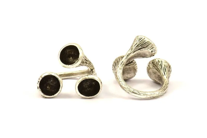 Adjustable Ring Settings - 2 Antique Silver Plated Brass Adjustable Rings with 3 Stone Setting - Pad Size 8mm N0349 H0077