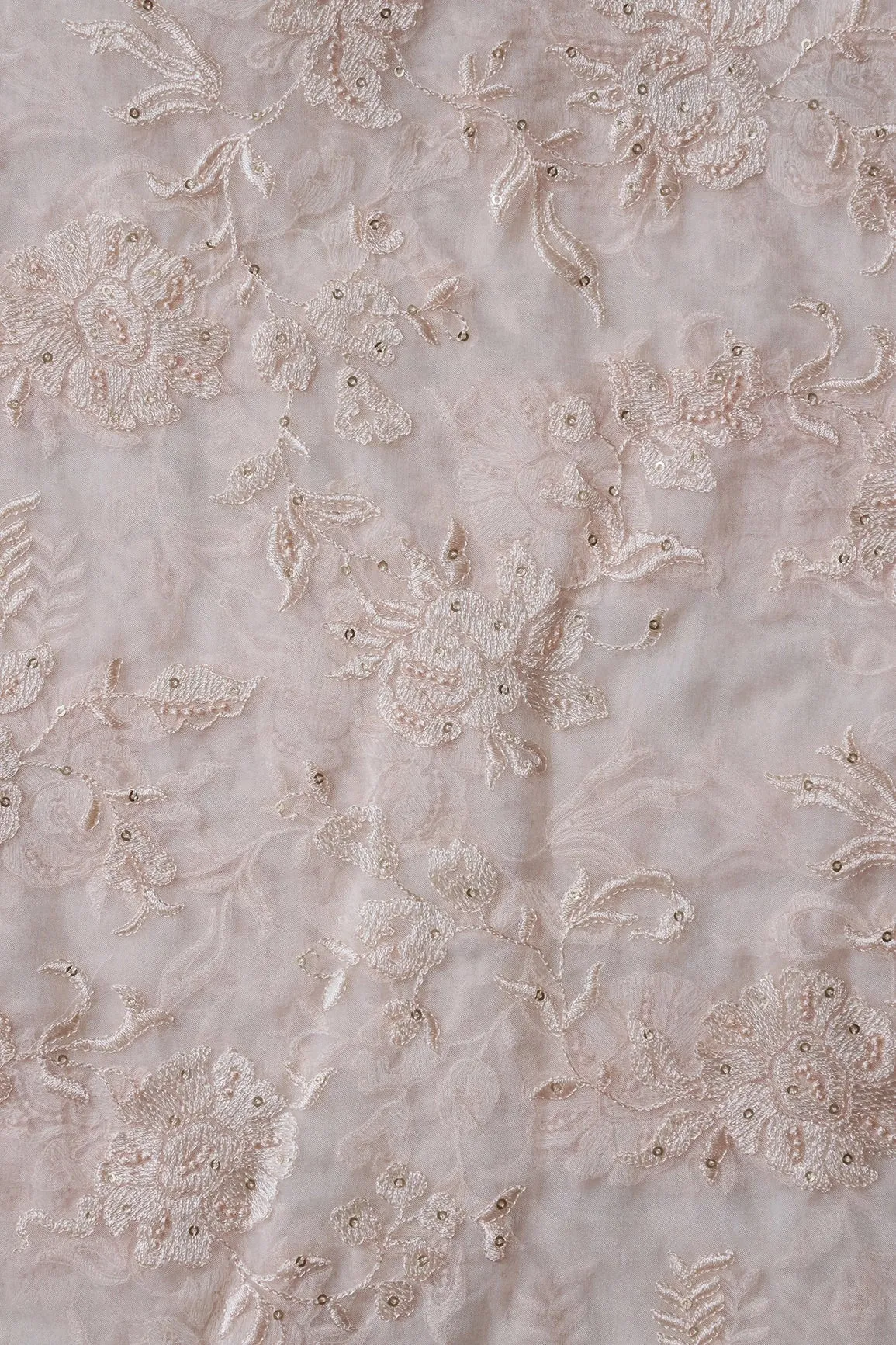 Beautiful White Thread With Sequins Floral Embroidery Work On White Organza Fabric