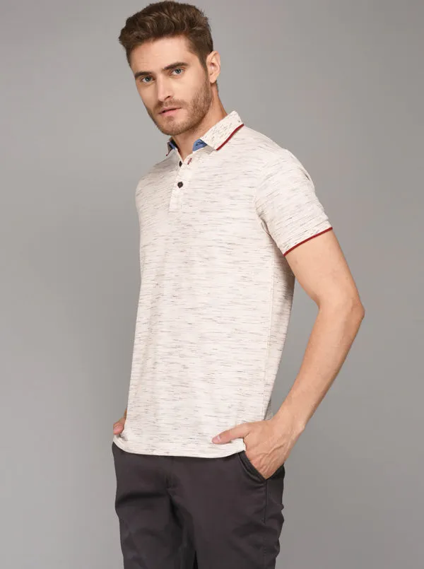 Beige Self Textured Slim Fit Polo T-Shirt | JadeBlue