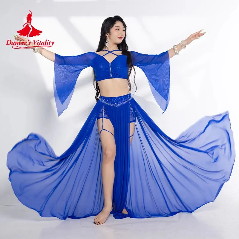 Belly Dance Costume Set for Women Half Sleeves Top mesh AB Stones Long Skirt 2pcs Adult Oriental Belly Dancing Wear Clothing Set