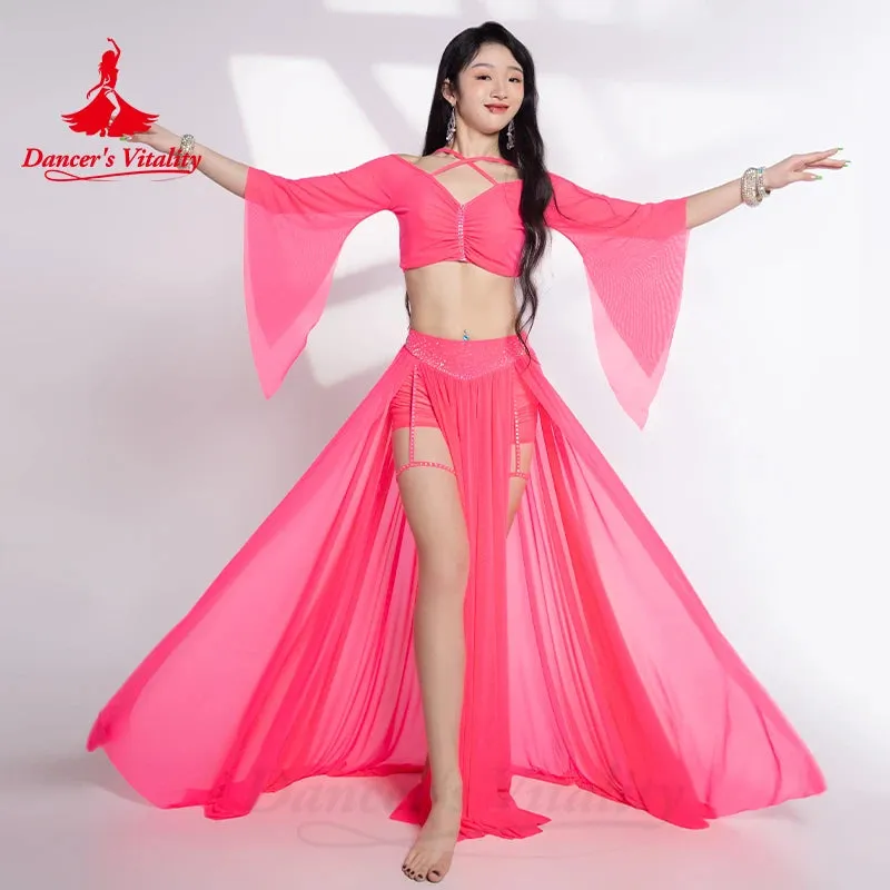 Belly Dance Costume Set for Women Half Sleeves Top mesh AB Stones Long Skirt 2pcs Adult Oriental Belly Dancing Wear Clothing Set