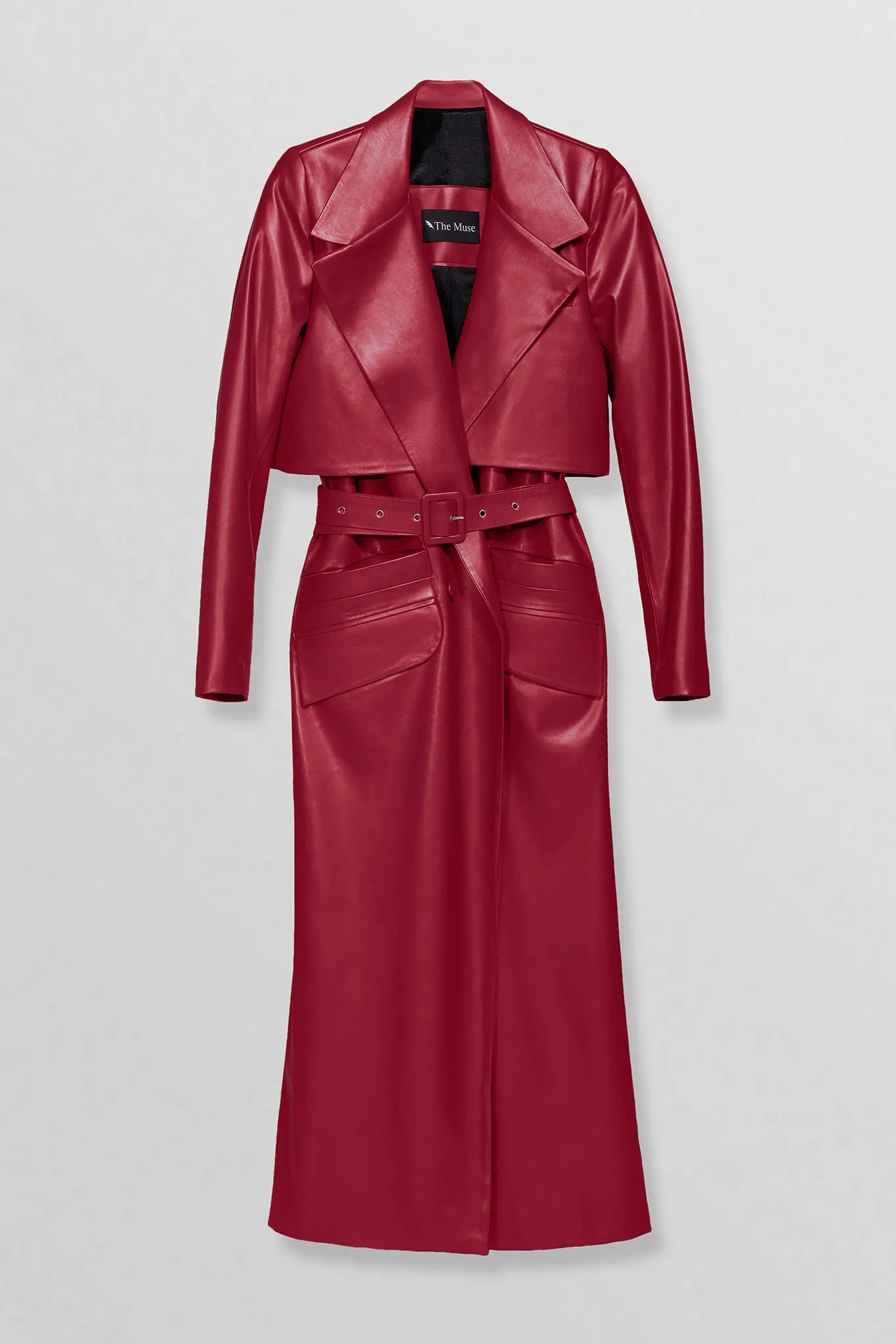 Belted vegan leather trench coat in red