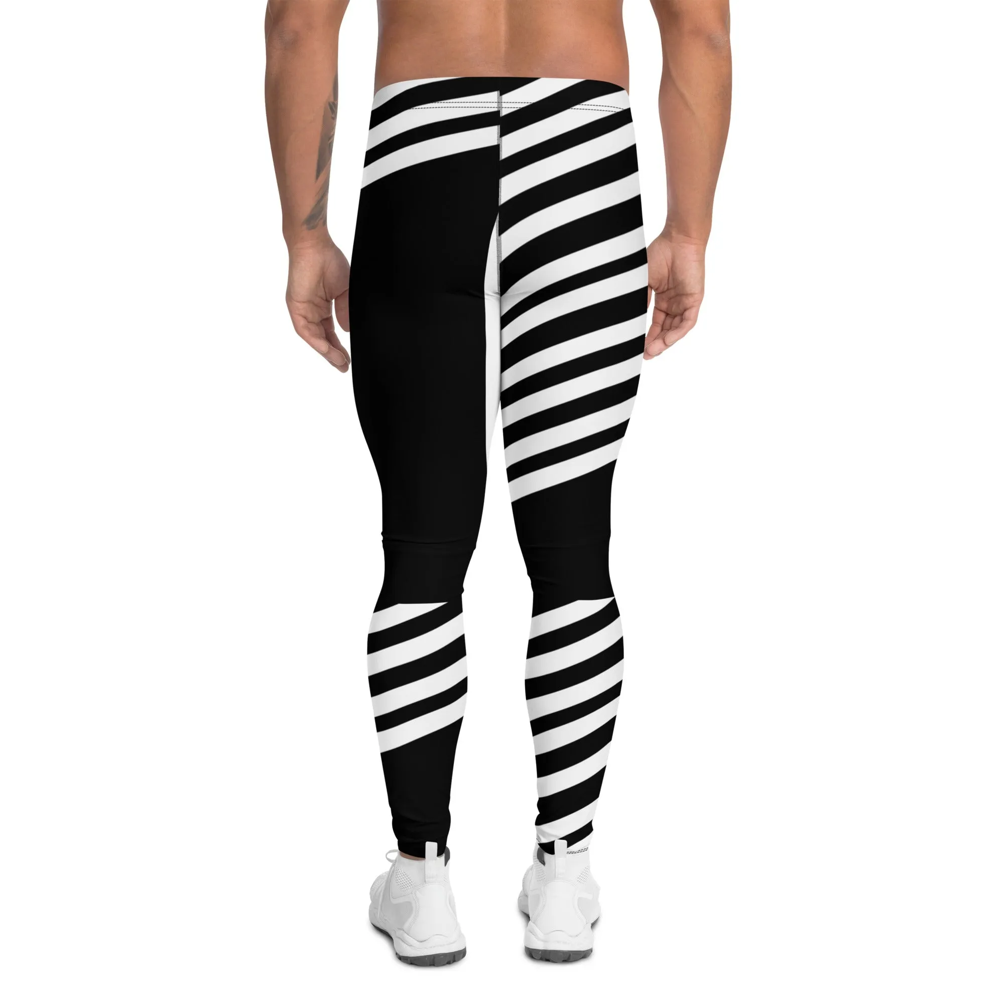 Black Striped Designer Meggings, Best Men's Leggings, Designer Minimalist Black White Modern Meggings-Made in USA/EU/MX