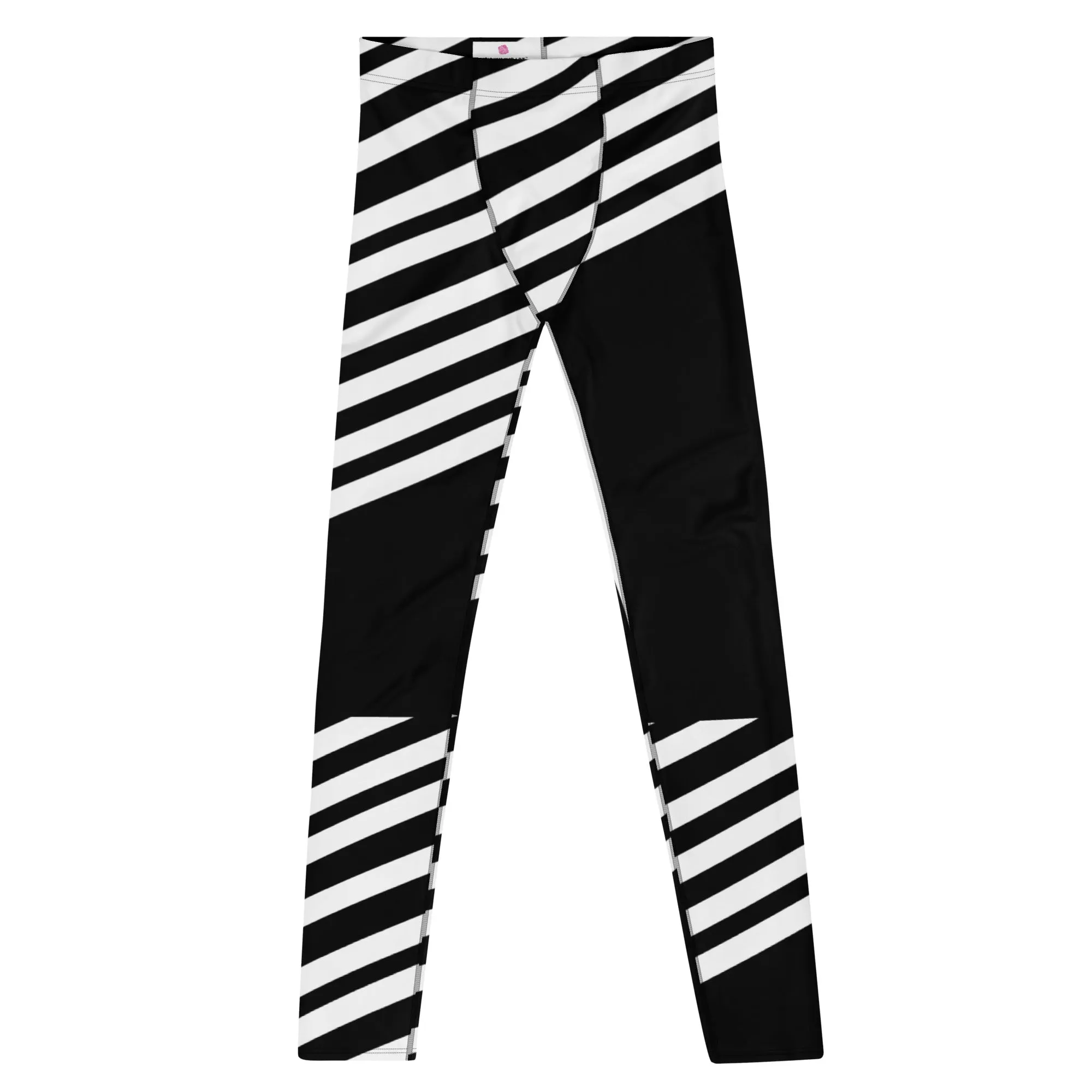 Black Striped Designer Meggings, Best Men's Leggings, Designer Minimalist Black White Modern Meggings-Made in USA/EU/MX