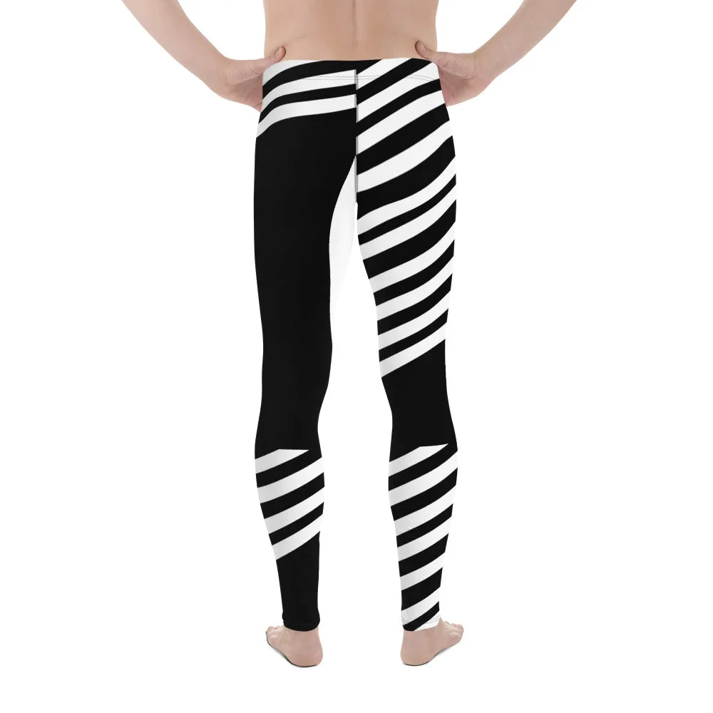 Black Striped Designer Meggings, Best Men's Leggings, Designer Minimalist Black White Modern Meggings-Made in USA/EU/MX