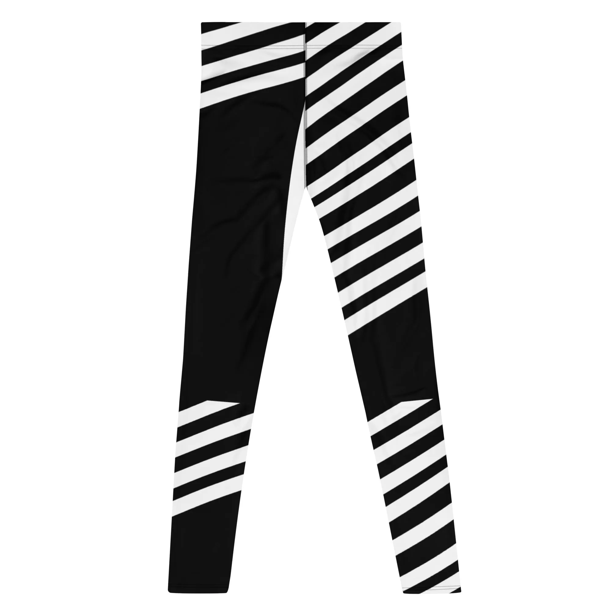 Black Striped Designer Meggings, Best Men's Leggings, Designer Minimalist Black White Modern Meggings-Made in USA/EU/MX