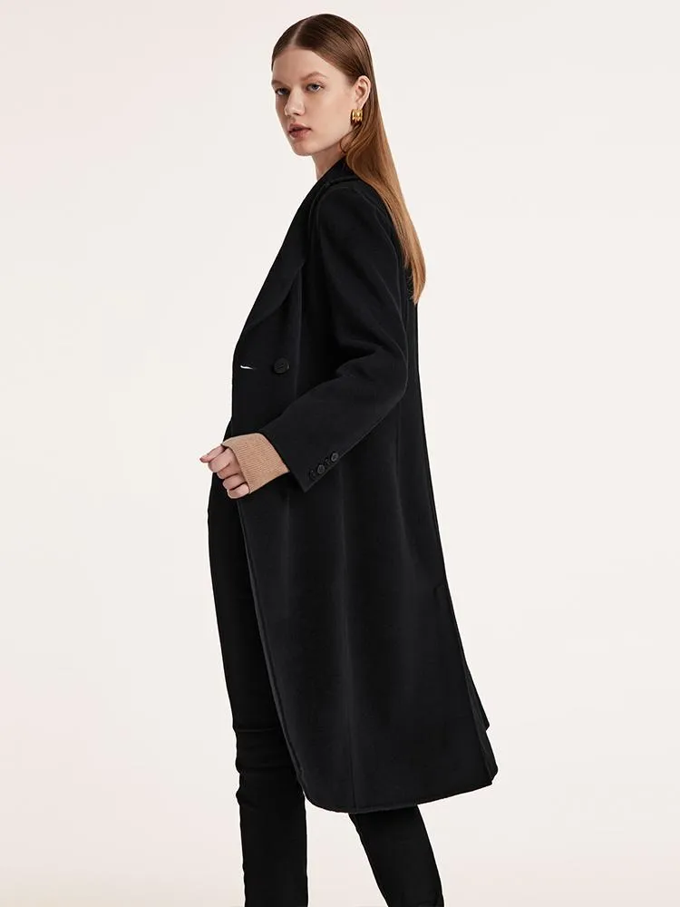 Black Wool And Cashmere Notched Lapel Women Coat