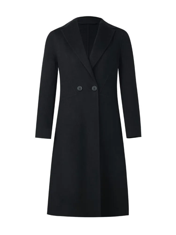 Black Wool And Cashmere Notched Lapel Women Coat