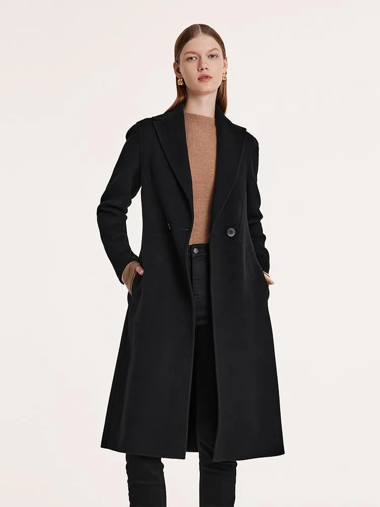 Black Wool And Cashmere Notched Lapel Women Coat