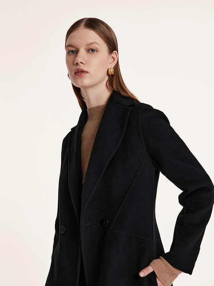 Black Wool And Cashmere Notched Lapel Women Coat