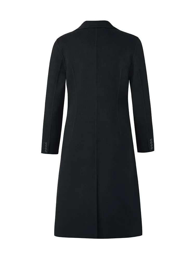 Black Wool And Cashmere Notched Lapel Women Coat