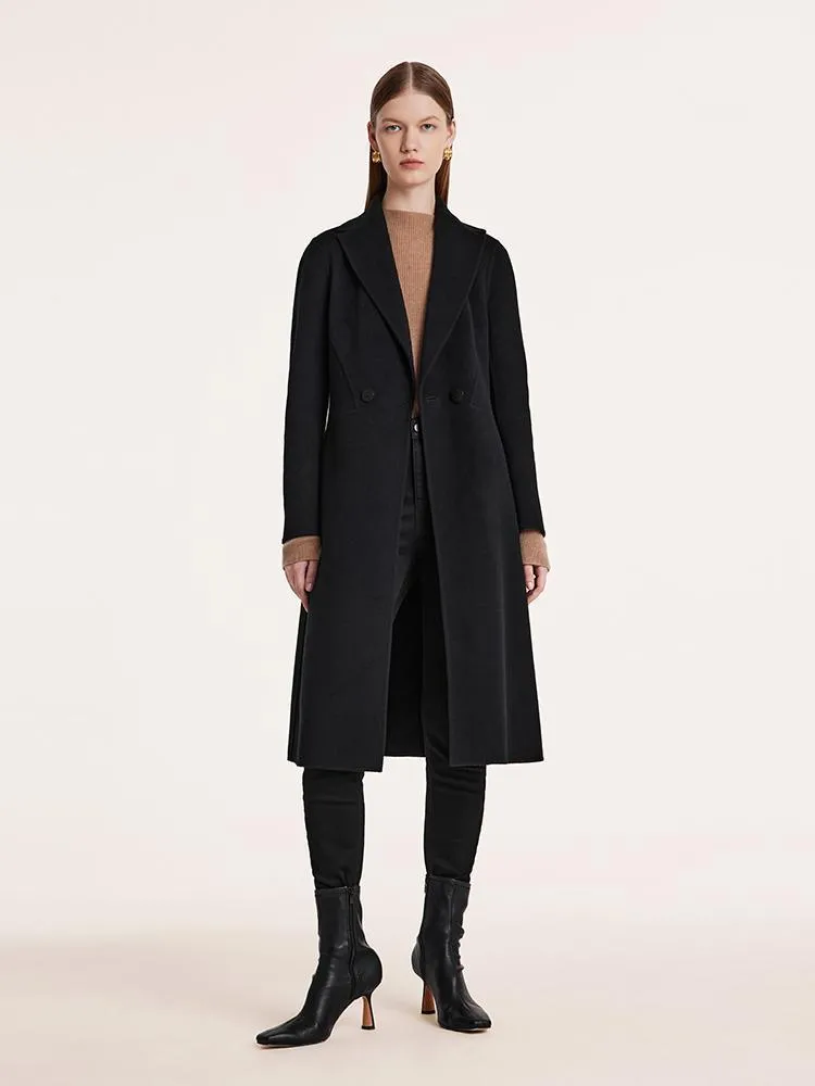 Black Wool And Cashmere Notched Lapel Women Coat