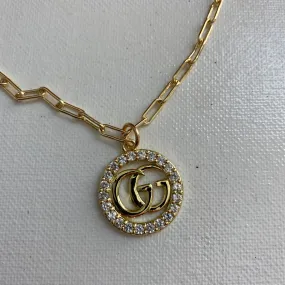 Blingy Circle GG Zipper Pull on Gold-Filled Paperclip Chain Necklace