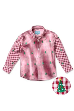 Boys James Shirt Wide Gingham Red with Christmas Tree