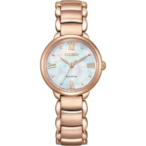 CITIZEN L ROUND COLLECTION ECO-DRIVE PINK GOLD STRAP PEARLY DIAL LADIES WATCH EM0928-84D