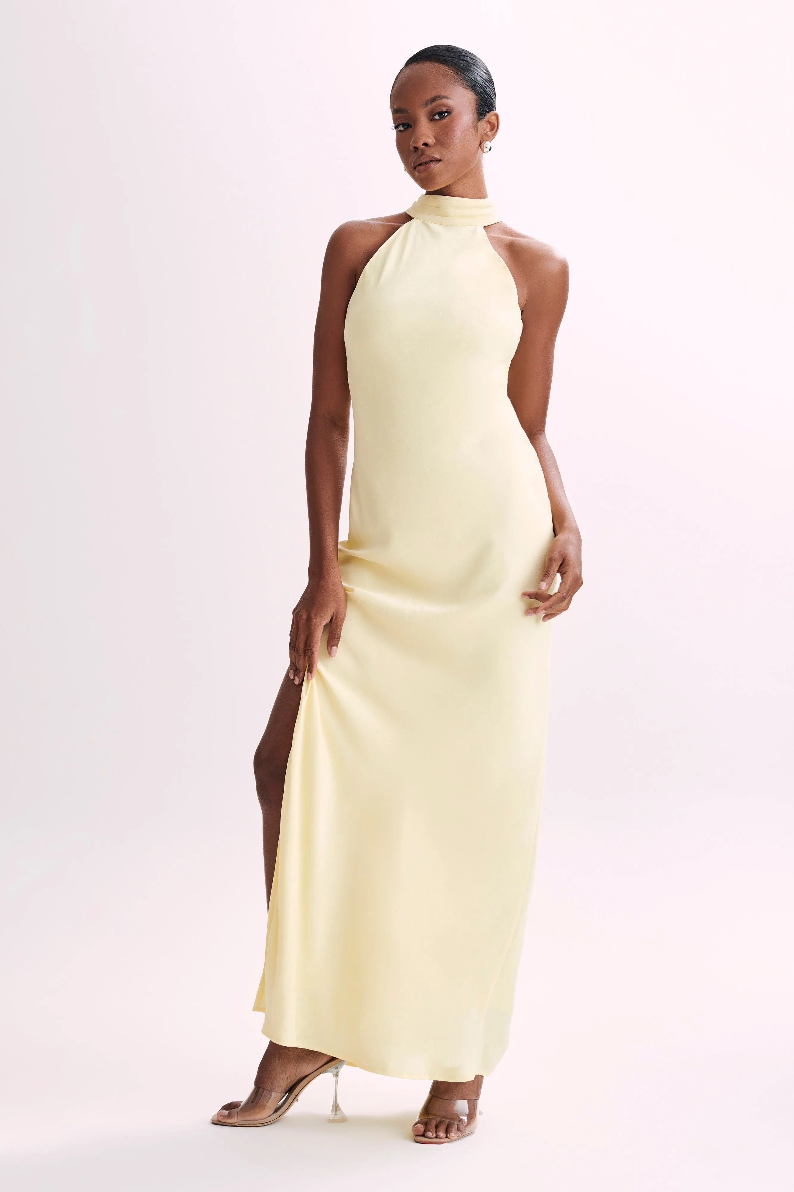 Claire Matte Satin Drape Back Maxi Dress - Light Yellow