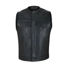 Collarless Cut off Black Mens Vest Waistcoat Gilet Biker Motorcycle Leather YKK