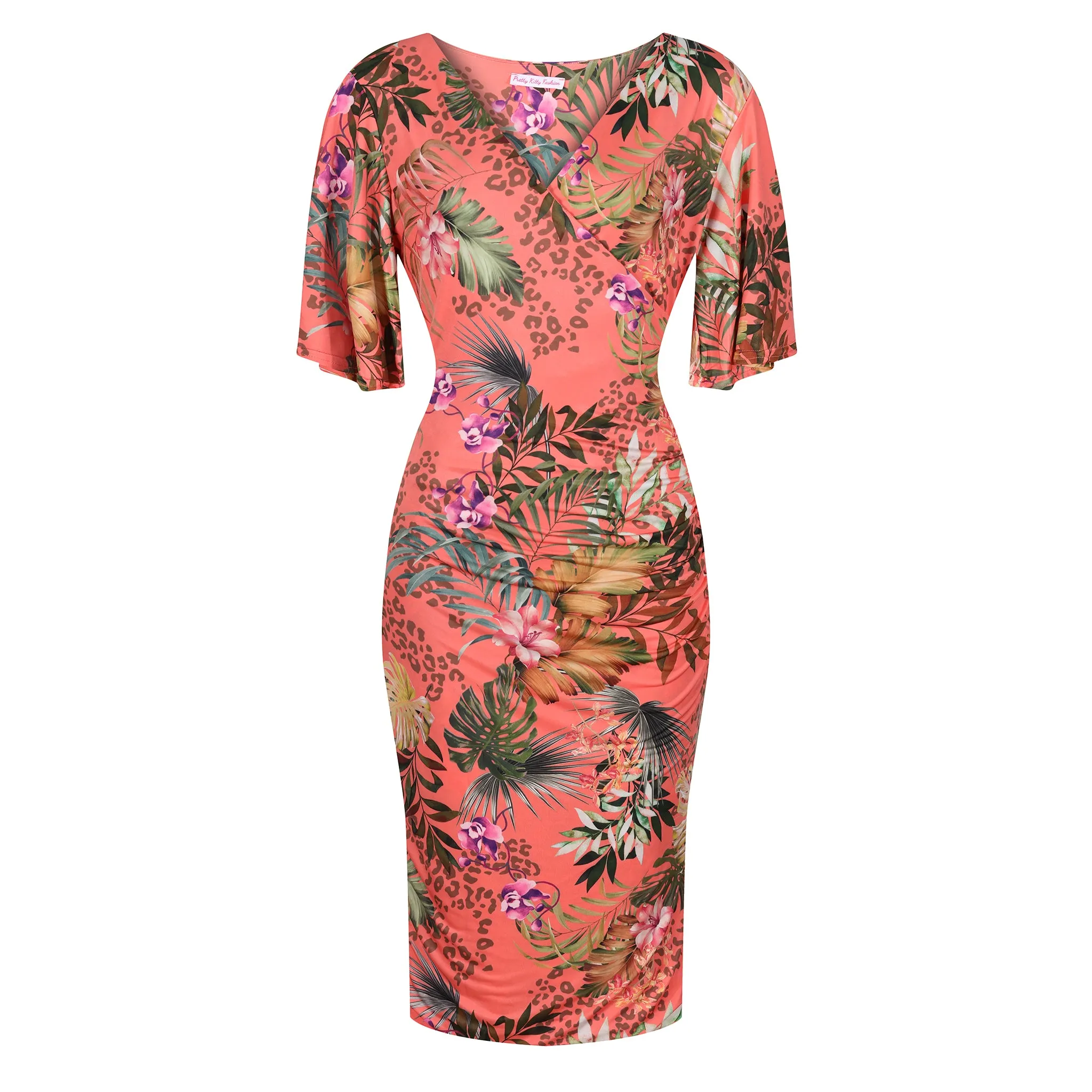 Coral Pink Tropical Floral Print Butterfly Sleeve Slinky Pencil Cocktail Dress