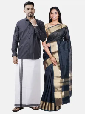 Couple Combo Full Sleeves Shirt Dhoti & Saree Set Black SRS46