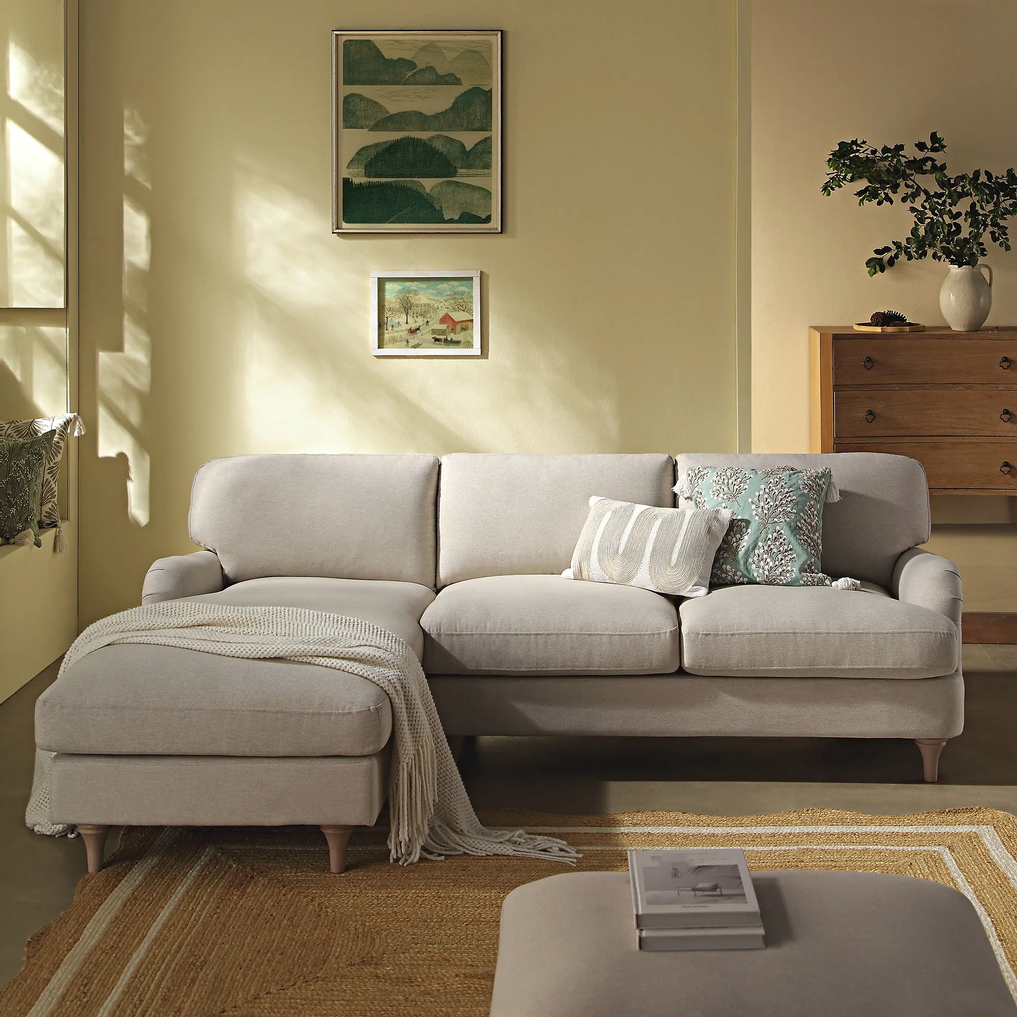 Daphnis Oatmeal Fabric Sofa, Grande Chaise Sofa Left Hand