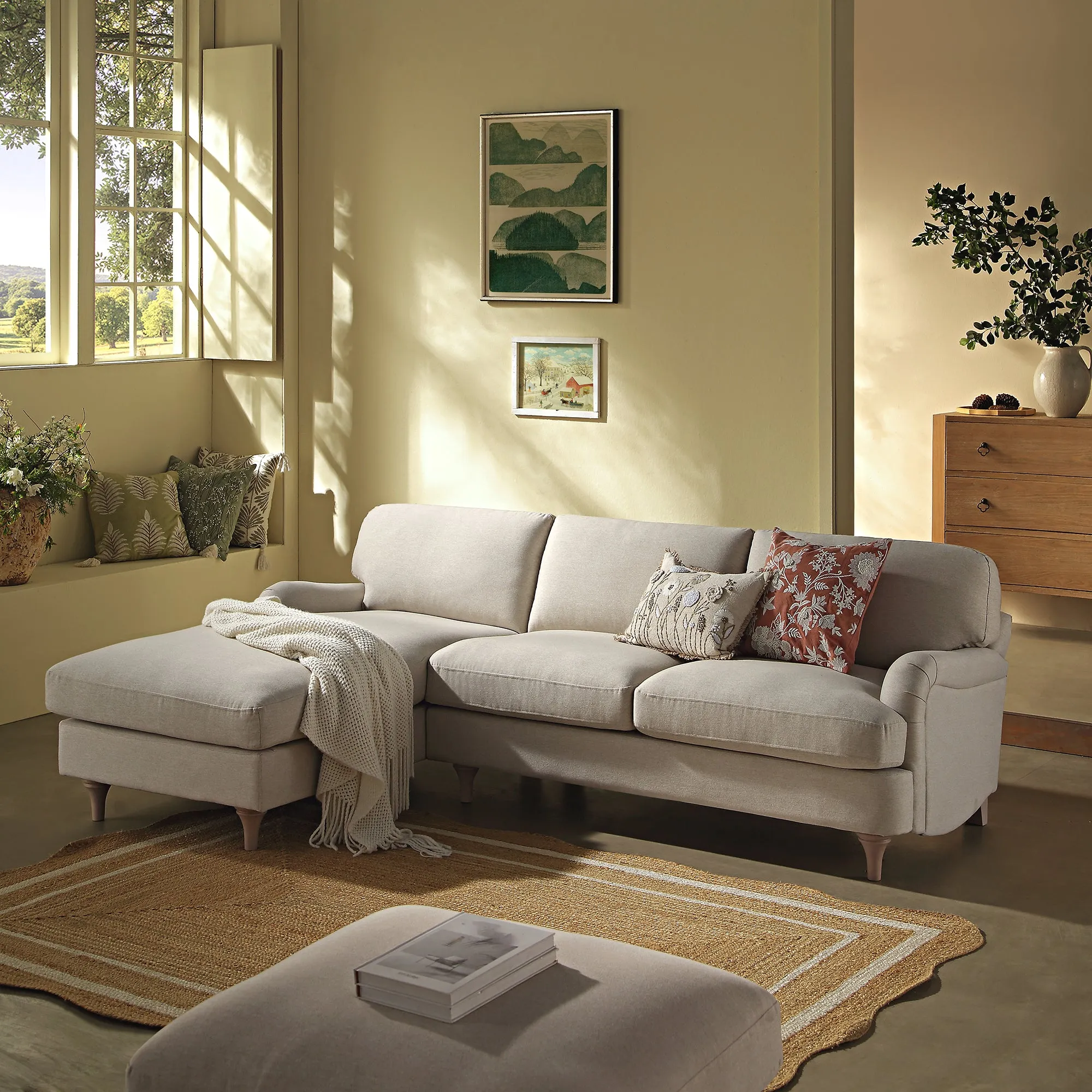 Daphnis Oatmeal Fabric Sofa, Grande Chaise Sofa Left Hand