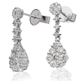 DIAMOND CLUSTER DROP EARRINGS IN 18K WHITE GOLD