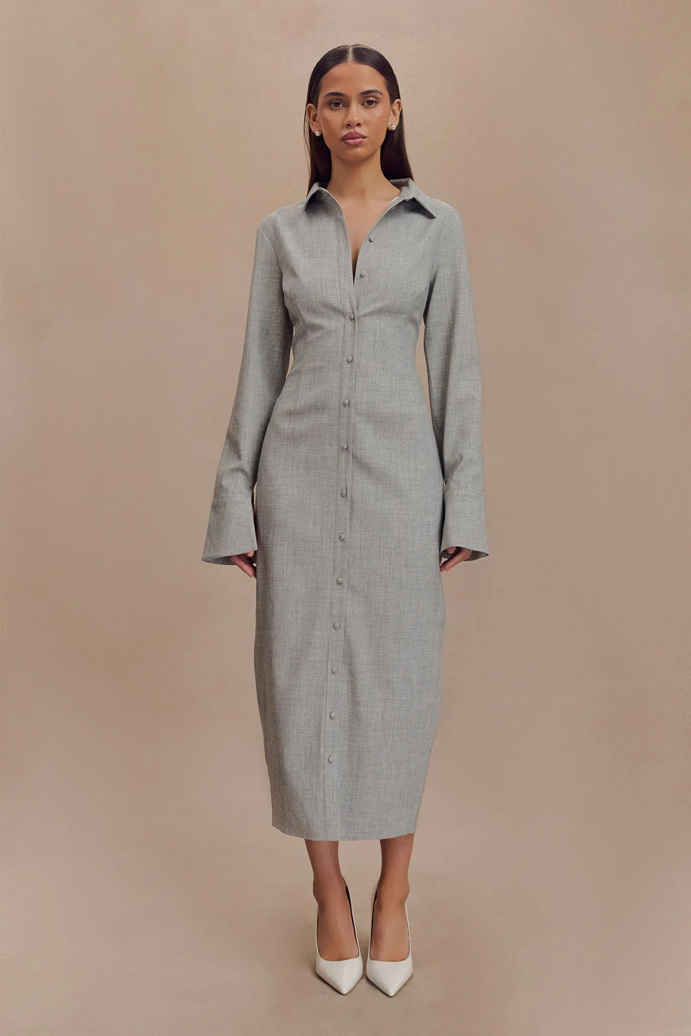 Dorian Fitted Shirt Midi Dress - Charcoal Marle