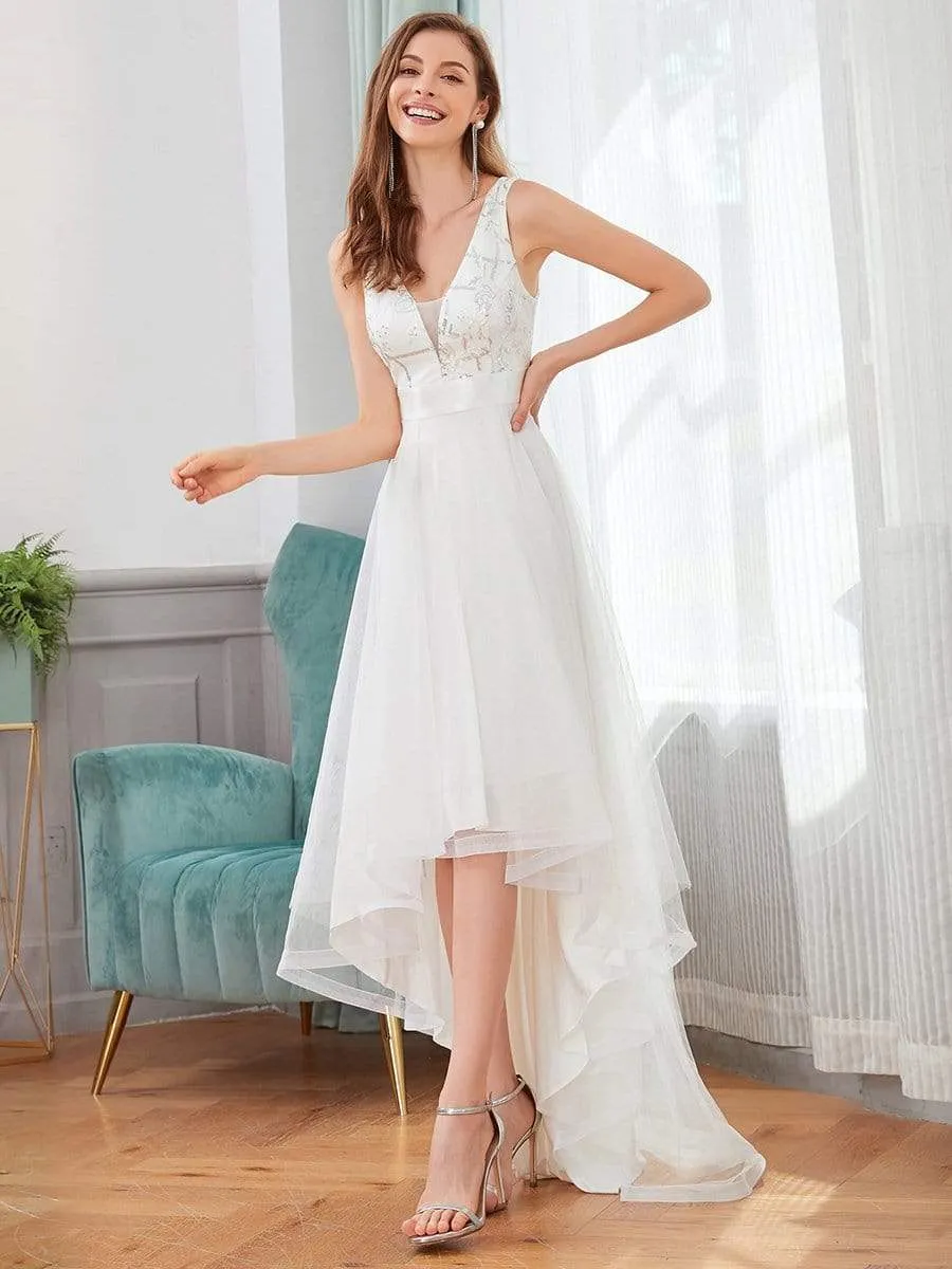 Fashion Sequin Appliques High-Low Tulle Elopement Dress for Wedding