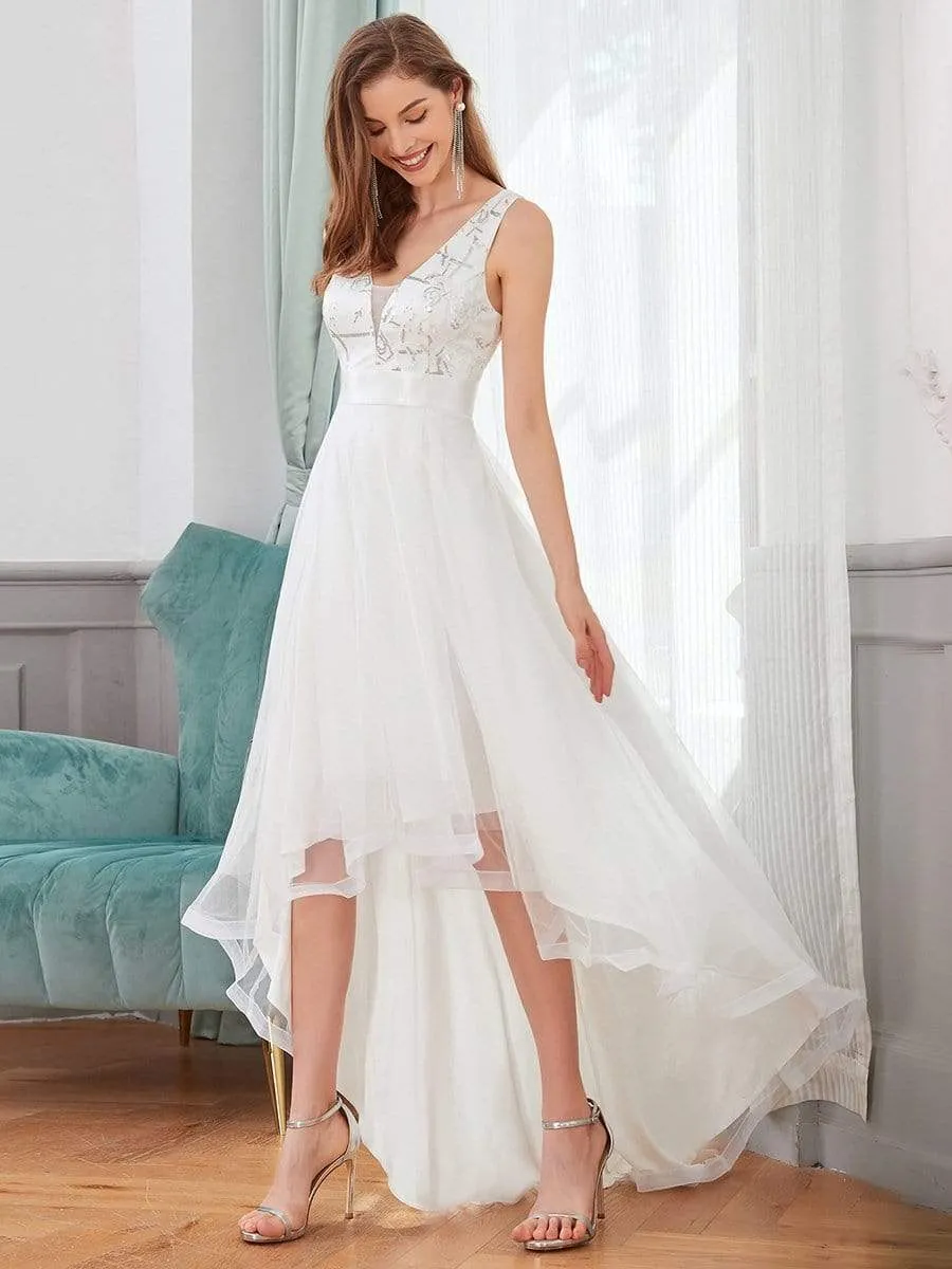 Fashion Sequin Appliques High-Low Tulle Elopement Dress for Wedding