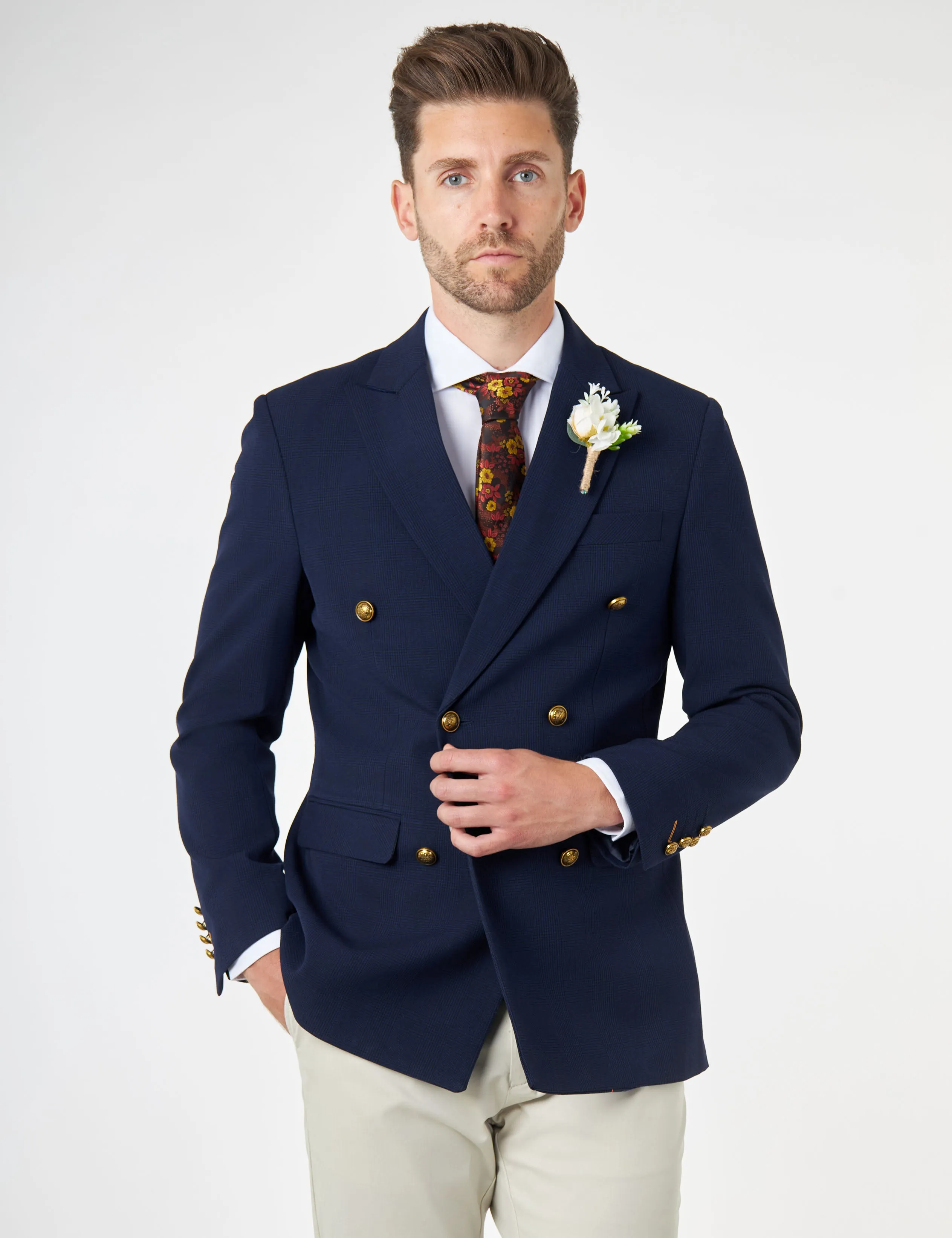 FINLEY – Navy Prince of Wales Check Double Breasted Jacket with Chino