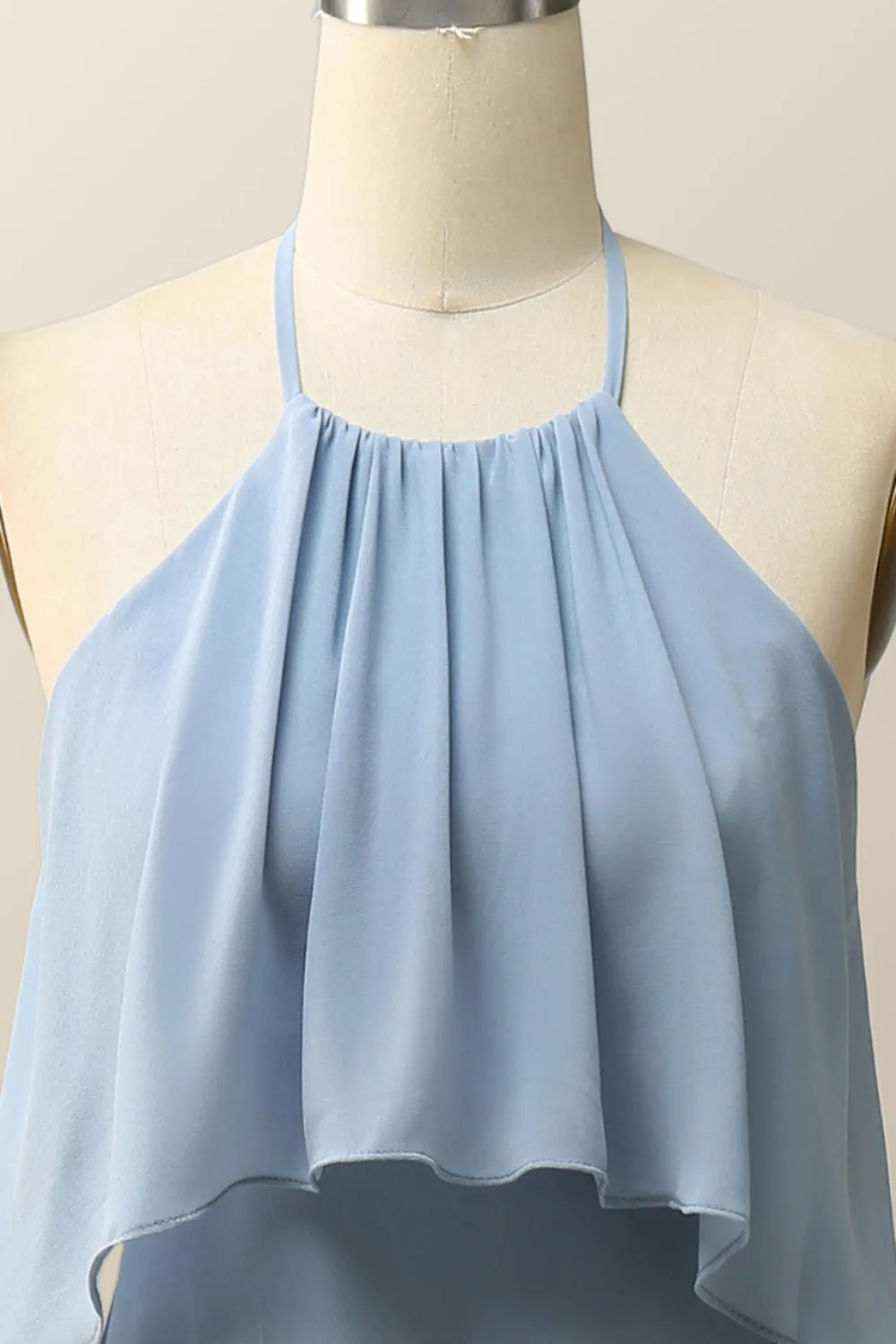 Halter Misty Blue Ruffle Chiffon Long Bridesmaid Dress