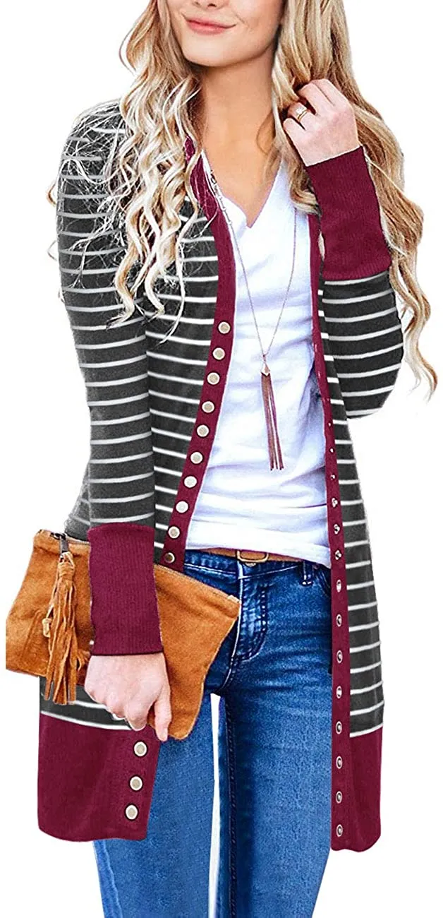 Haute Edition Striped Colorblock Snap Button Long Length Cardigan with Plus