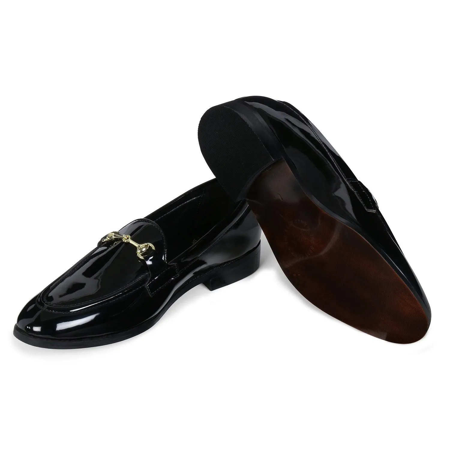 Henley Patent Black Horsebit Buckle Loafers.