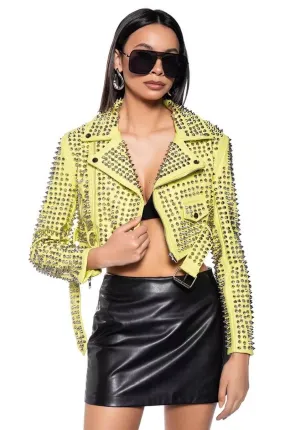 Hot Womens Yellow Punk Brando Studded Leather Biker Jacket