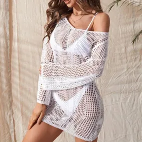 Knitted Hollow Backless Long Sleeve Swimsuit Blouse