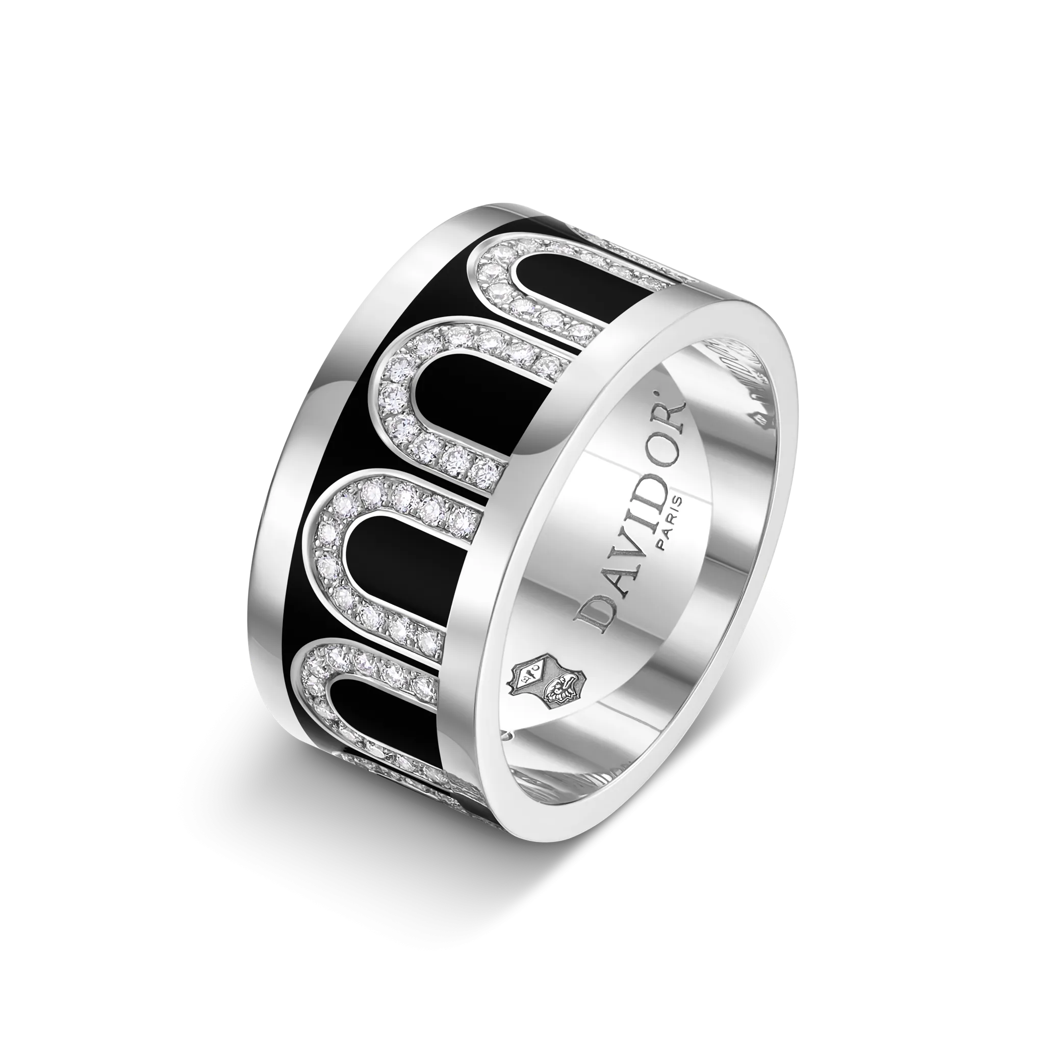 L'Arc de DAVIDOR Ring GM, 18k White Gold with Caviar Lacquered Ceramic and Arcade Diamonds