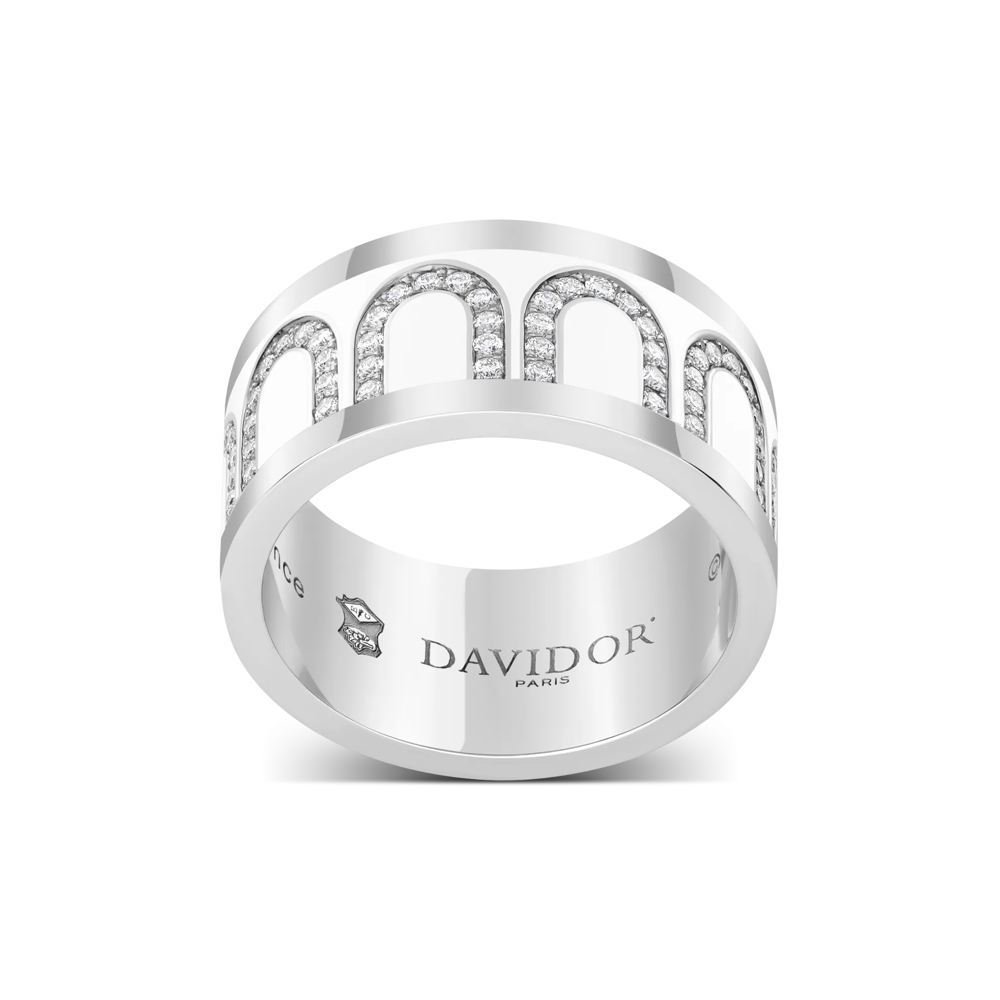 L'Arc de DAVIDOR Ring GM, 18k White Gold with Neige Lacquered Ceramic and Arcade Diamonds