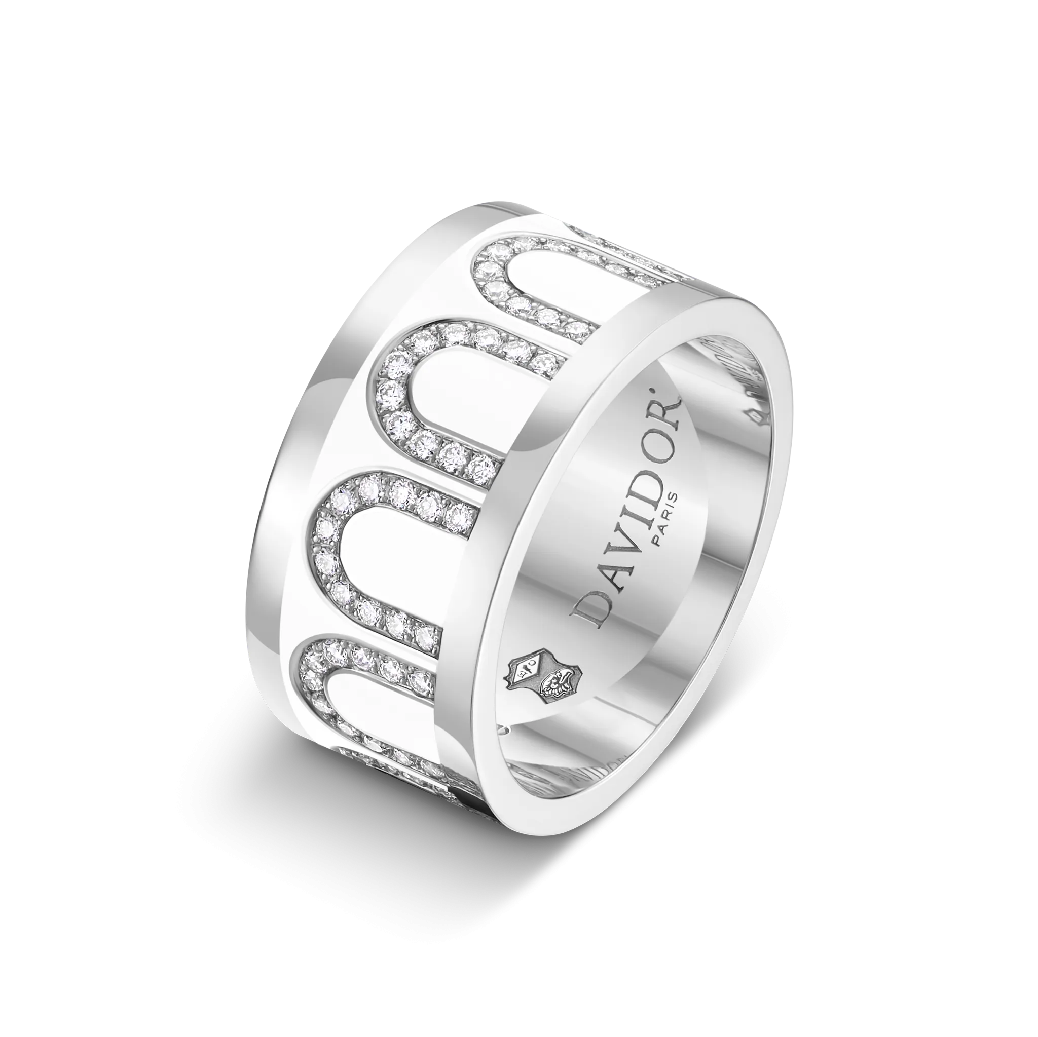 L'Arc de DAVIDOR Ring GM, 18k White Gold with Neige Lacquered Ceramic and Arcade Diamonds