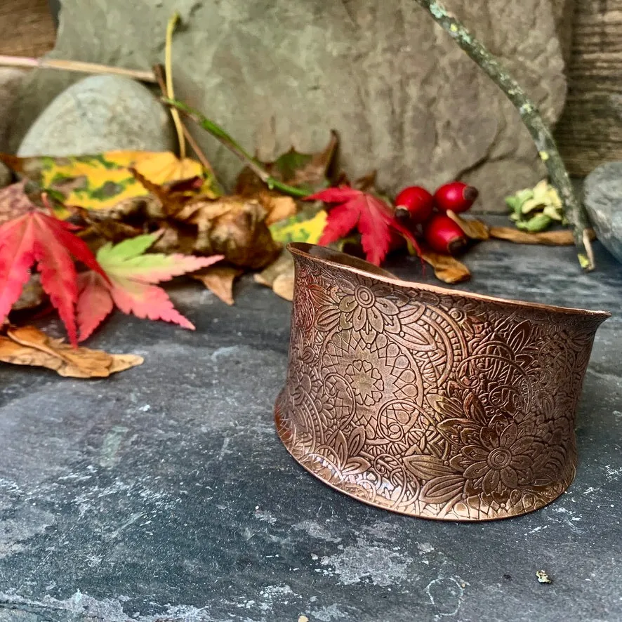 Large decorative copper cuff bracelet