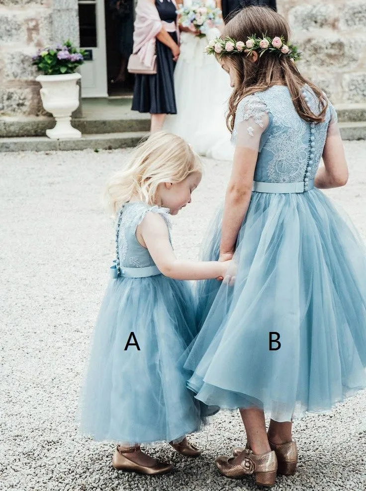 Light Sky Blue A-line Lace Tea-Length Tulle Flower Girl Dress OF118