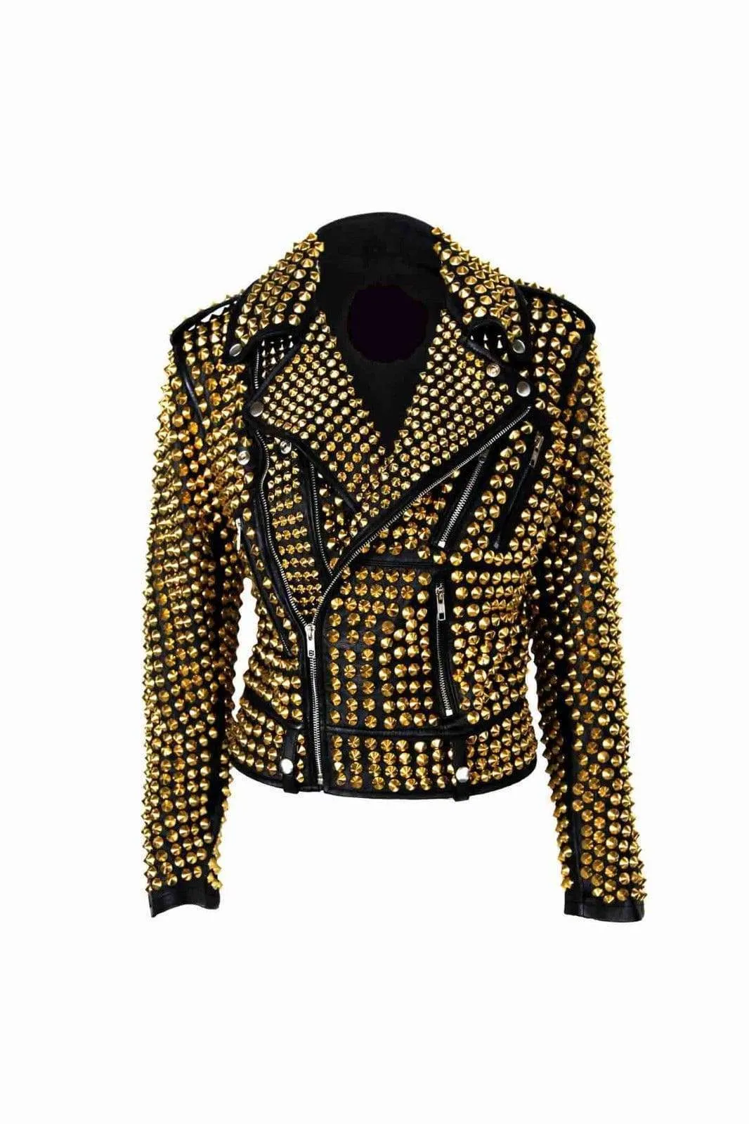 Luxury Woman Black Punk Golden Studded Cowhide Leather Jacket