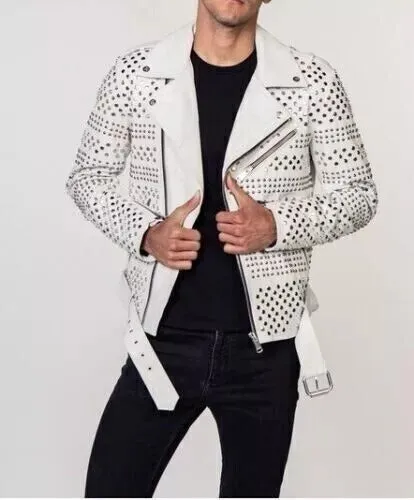 Men Leather White Jacket - Punk Studded Motorcycle Genuine Cowhide Leather Jacket