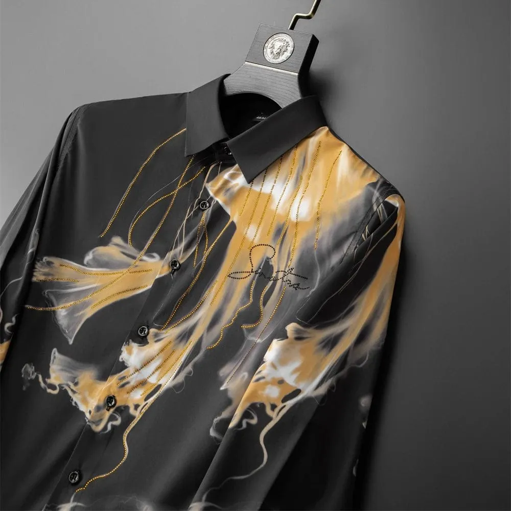 Men's Luxury Art Print Long Sleeve Shirt | Slim Fit Rhinestone Dress Shirt for Casual Business & Party Wear